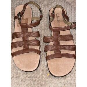 Clarks Artisan Brown Leather Strappy Gladiator T-Strap Buckle Sandals 8.5M